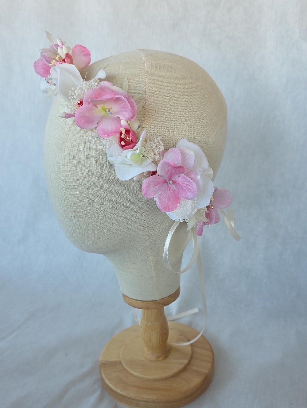 Hand Crafted Pink and White Floral Bridal Headband